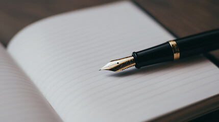 Focused on a black fountain pen with a gold nib, resting elegantly on a crisp, open notebook with lined pages, ready for writing on a wooden surface.