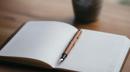 An open notebook on a wooden table with a pen lying across the pages, suggesting a quiet moment of writing or reflection.