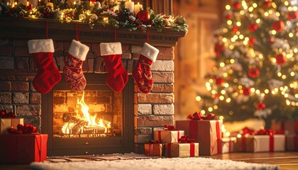 Cozy Festive Decorated Fireplace with Hanging Christmas Stocking, Wreath, Garland, and Gifts in a Rustic Cabin Setting