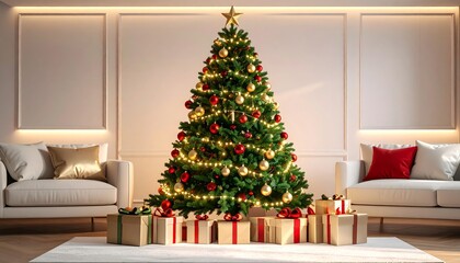 Beautifully Decorated Christmas Tree and Presents in a Cozy Living Room with Fireplace, Xmas, Traditional Holiday Interior Scene