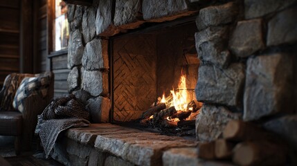 Cozy Stone Fireplace with Fire in Rustic Setting for Warm Atmosphere and Relaxation