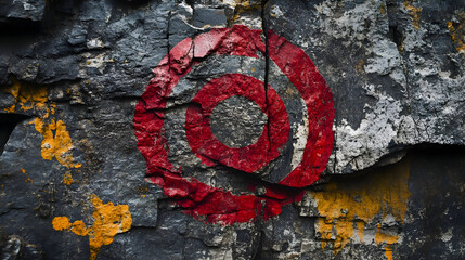 Abstract red spiral symbol on weathered rock surface texture with rough details