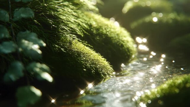 A serene micro-landscape unfolds, showcasing the soft, emerald moss and shimmering water, lit by the gentle sunlight of a tranquil forest.