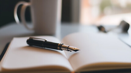 Fountain pen on a blank notebook, ready for thoughts. Coffee cup nearby, inviting creativity and journaling in a bright, serene setting.