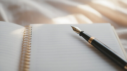 Elegant fountain pen rests on an open journal, beckoning stories and reflections. Awaiting inspiration on lined pages.
