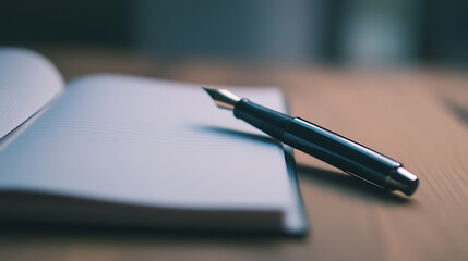 A fountain pen rests on a notebook, symbolizing creativity, writing, and planning. The scene invites reflection and the capturing of thoughts.