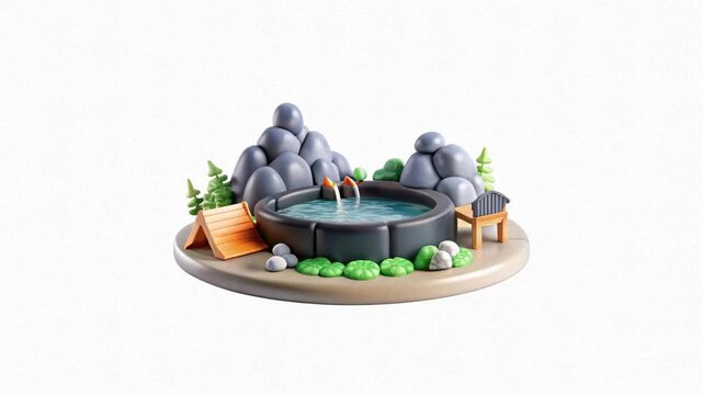 A 3D rendering of a serene campsite with rocks, trees, and a water feature surrounded by greenery.