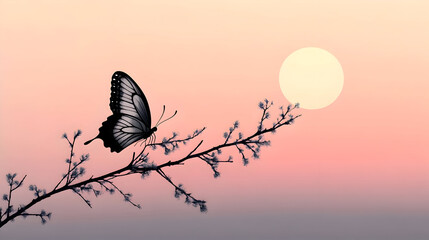 Butterfly on branch silhouetted against sunset sky