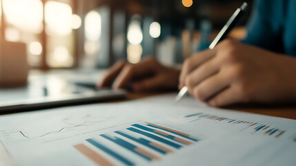 Analysis in Progress: Reviewing charts and graphs, marking key insights with a pen, highlighting trends, and making informed decisions.