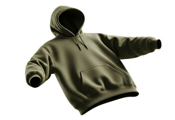 Olive green hooded sweatshirt with a front pocket, shown floating against a transparent background