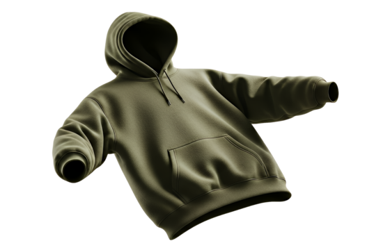 Olive green hooded sweatshirt with a front pocket, shown floating against a transparent background
