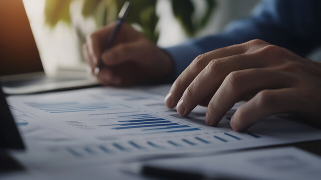 Financial Analysis: Man reviews charts and graphs. Businessperson analyzing paperwork, working in office. Close-up hand with pen marking data.