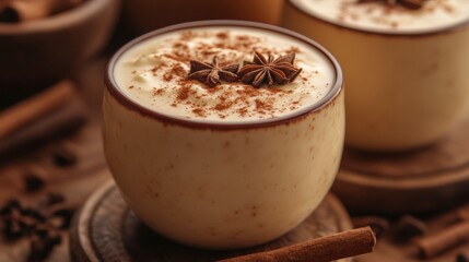 Close-Up of Aromatic Homemade Custard Coffee in Wooden Setting with Star Anise and Cinnamon Sticks