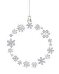 Christmas background of white snowflakes flying in the air in the shape of a ball on a Christmas tree. Holiday card for New Year and Christmas with space for greetings, labels and your design.