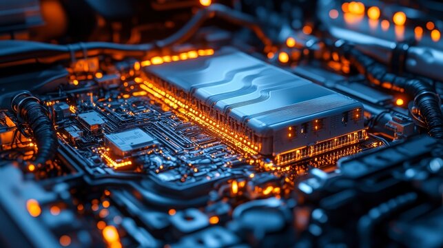 Close-Up of Electric Vehicle Battery with Advanced Circuitry and Vibrant LED Illuminations