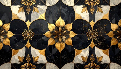A repeating pattern with gold embellishments on a black and white marbled background. Each floral design appears in repeating tile format