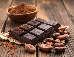 Indulge in rich dark chocolate squares with cocoa powder and beans on rustic wood, perfect for decadent desserts and sweet treats