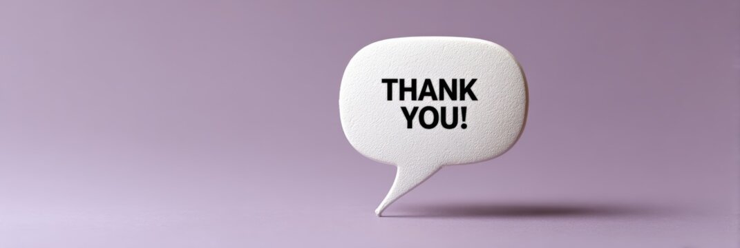 White speech bubble showing a thank you message, communicating gratitude, appreciation, and positive feedback in a clean, modern style with copy space on a vibrant purple backdrop