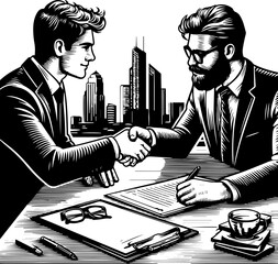 Businessmen Sealing a Contract with a Handshake in the Office. Graphic illustrating the successful conclusion of negotiations, corporate partnership, and the final signed agreement.