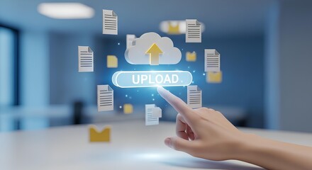 Hand interacts with a digital upload button and cloud icon surrounded by document icons, suggesting data transfer.