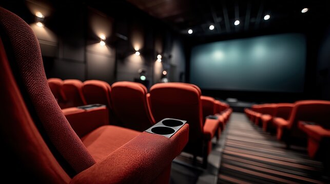 Salle de cin&eacute;ma moderne avec fauteuils rouges et &eacute;cran illumin&eacute;