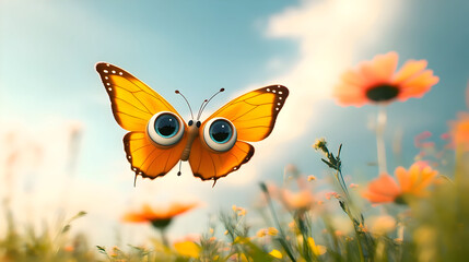 Whimsical butterfly in bloom with sunny yellow wings and vibrant flowers