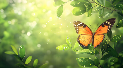 Orange butterfly with open wings amidst lush green foliage and sunlight