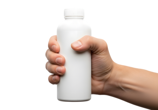 Hand Holding White Bottle. - Powered by Adobe
