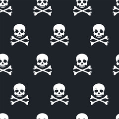Pirate skull with crossbones, seamless pattern. Halloween wallpaper, background.  Gothic design. Cartoon symbol ghost with bones. Vector illustration