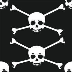 Pirate skull with crossbones, seamless pattern. Halloween wallpaper, background.  Gothic design. Cartoon symbol ghost with bones. Vector illustration