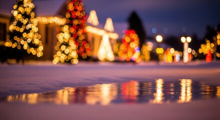 Fototapeta premium Warm Christmas Night Lights. Snow Glow Festive Winter Scene.