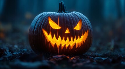 Fototapeta premium Spooky Carved Pumpkin Lantern with Grinning Face Illuminated in Mysterious Halloween Night Setting