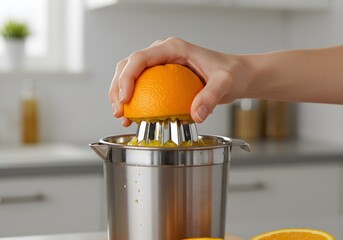 Fresh orange juice preparation in modern kitchen