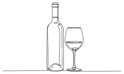 Minimalist Continuous Line Drawing of a Wine Bottle and Glass