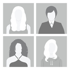 Collection of monochrome simple gray avatar icons, default male and female profiles. Diverse people avatars for social media profiles. Vector