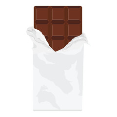 Brown chocolate bar wrapped in foil, isolated on white background.  Dark chocolate bar package. Vector illustration