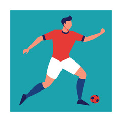 Soccer player in red jersey kicking ball on teal background