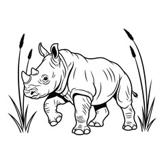 Rhinoceros Silhouette in Grassland Minimalist Wildlife Vector with Cattail Plants