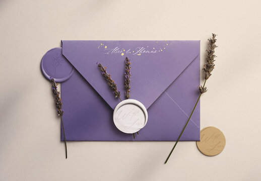 Envelope with Wax Seals & Lavender Mockup