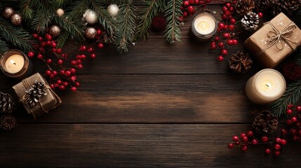 Festive arrangement of pine branches, berries, candles, and gifts on wood.
