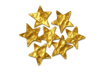 Obraz premium Gold stars handmade from crumpled foil, festive elements for celebration, success, and holiday decorations, transparent background