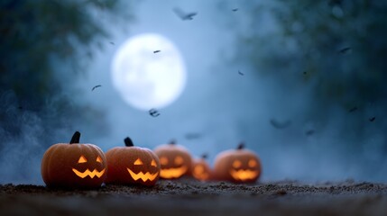 Glowing jack o' lanterns sitting on dark ground during halloween night, creating a spooky atmosphere with fog and flying bats under a bright full moon