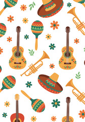 A vibrant and festive pattern featuring traditional Mexican musical instruments like guitars and trumpets.