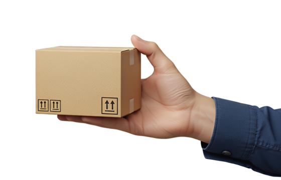 Hand holding a small cardboard box with shipping symbols, isolated on transparent background