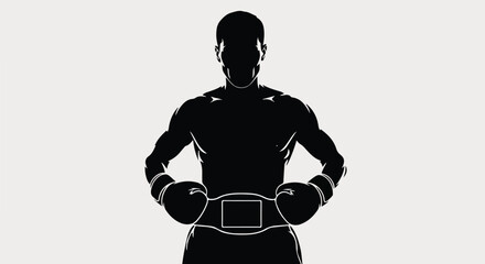 Boxing Champion Silhouette with Championship Belt and Gloves, Symbol of Victory and Strength