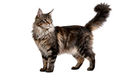 A majestic maine coon cat standing gracefully with its fluffy tail on a black background looking left ai generative