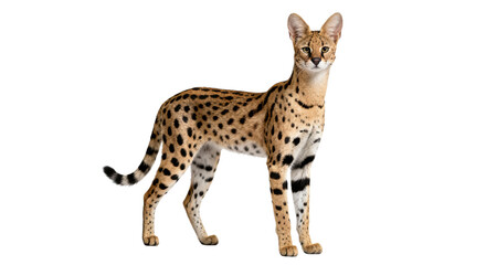 A serval cat standing with spotted fur and large ears isolated on a black background in full view ai generative
