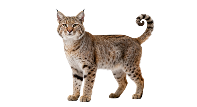 A full body shot of a bobcat standing with a black background and curled tail facing the camera ai generative