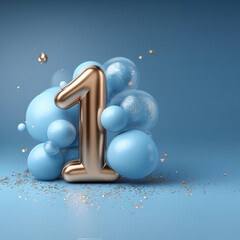 Goldene Nummer Eins mit blauen Ballons als 3D-Render zum ersten Geburtstag oder Jubiläum