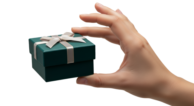 Hand holding a small teal gift box with a white ribbon and bow, isolated on transparent background